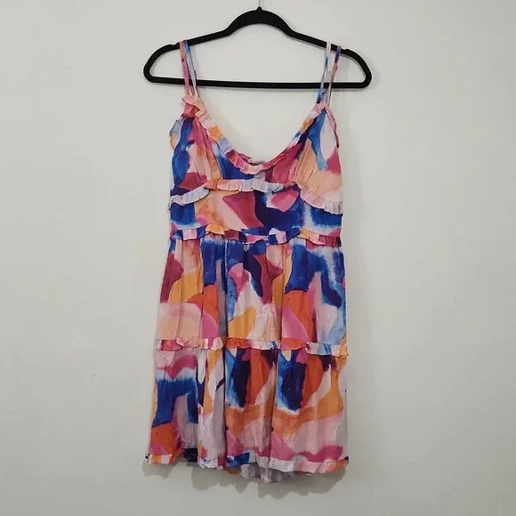 French Connection Tiered Mini Cami Dress Ruffles pink blue orange 6 - Picture 3 of 7